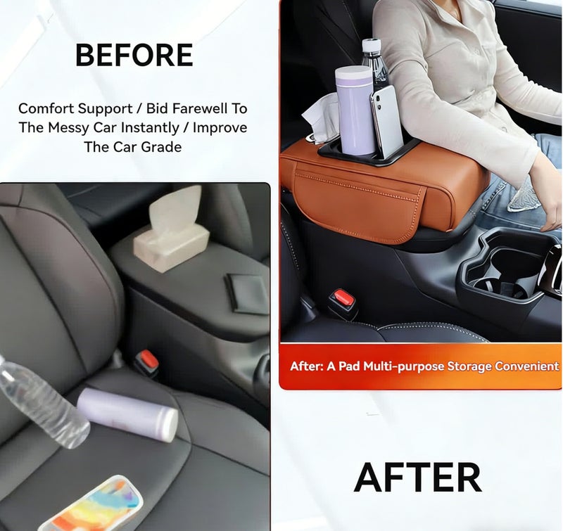 Car Center Console Armrest Pillow,  Leather Vehicle Arm Rest Cover with Tissue Box 2 Side Storage Bag Cup & Phone Holder, Auto Armrest Cushion, Universal Fit Orange - Image 5